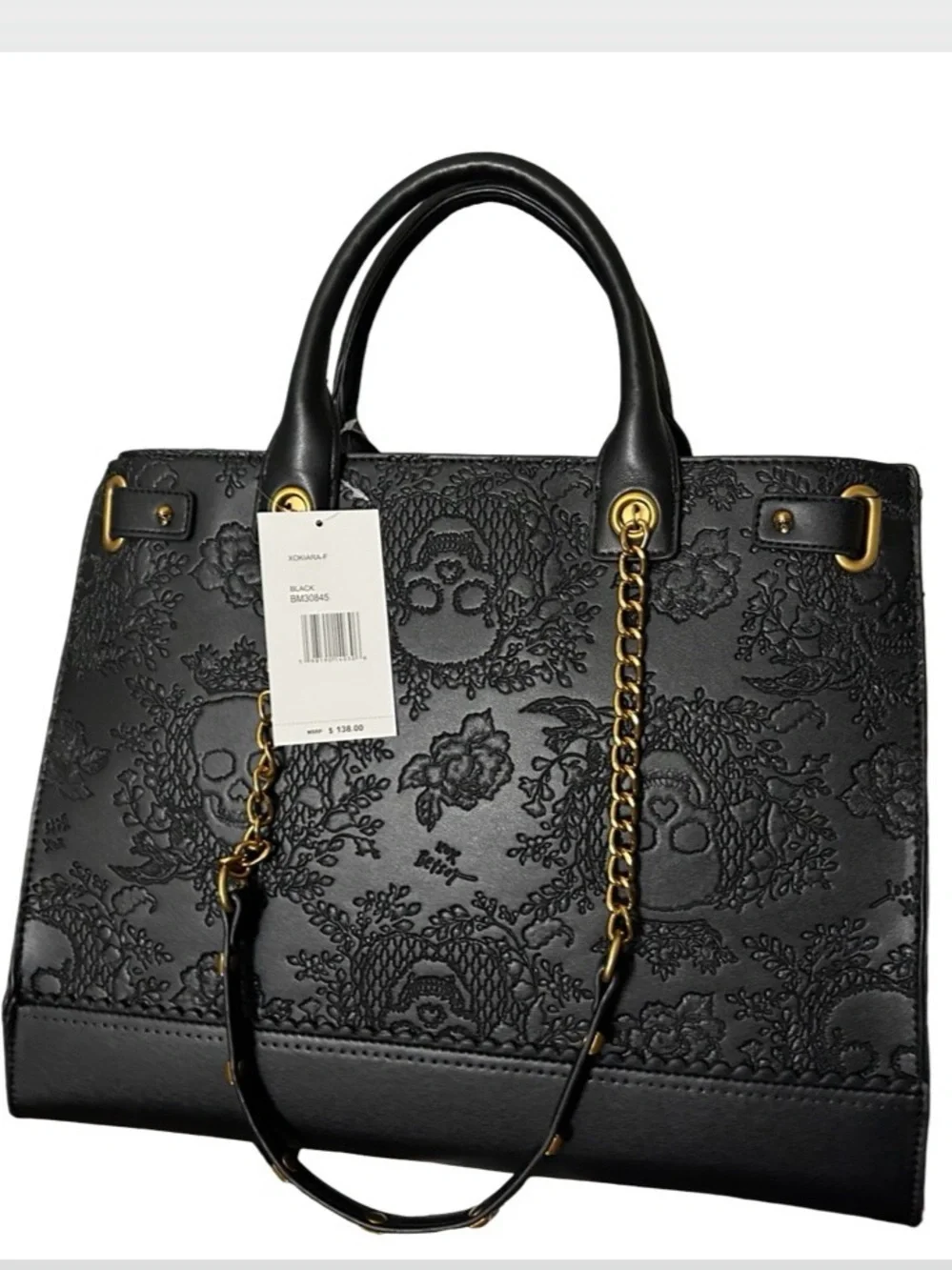 BETSEY JOHNSON XL BLACK SKULL & ROSES DOUBLE HANDLE & CHAIN STUD STRAPS TOTE NWT